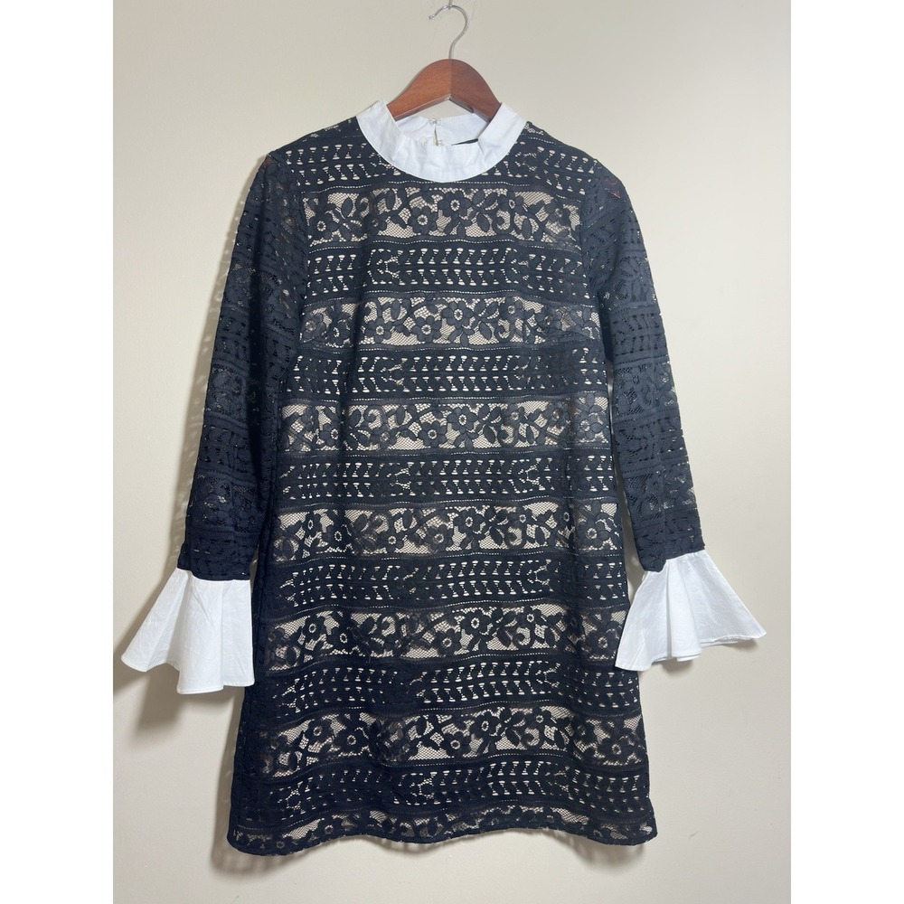 English Factory Black Lace Shift Dress With White Cuffs And Collars Medium